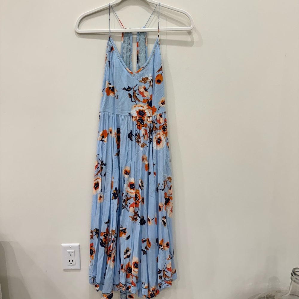 Cooperative Light Blue Floral Midi Dress- Spaghetti Strap- Open Back -Size 0